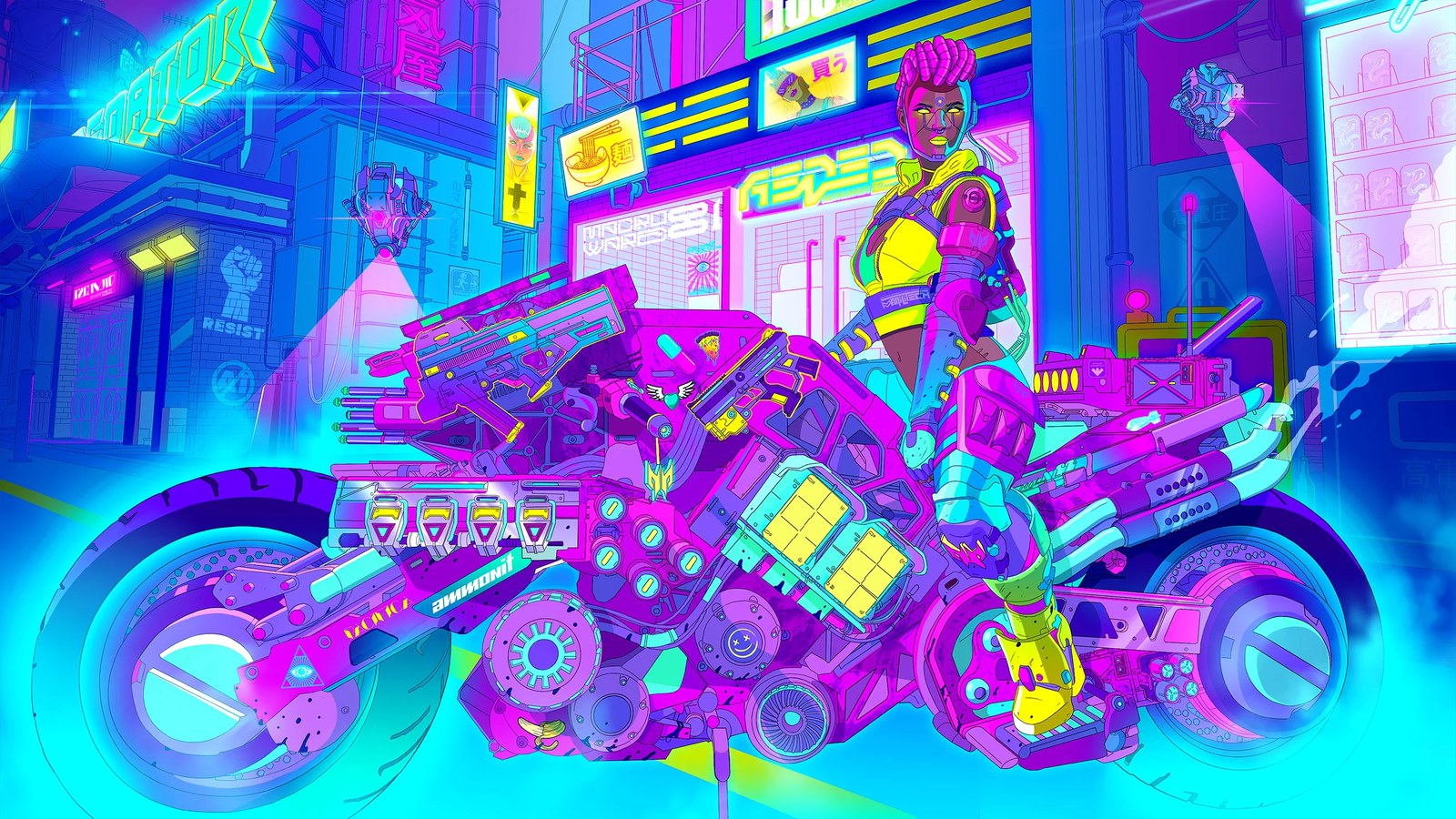 Neon-clad rider seated on a futuristic motorcycle in a saturated night-city street