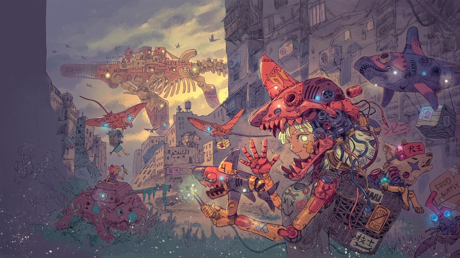 Mechanical shark-like creatures and an armored figure moving through a hand-drawn futuristic city