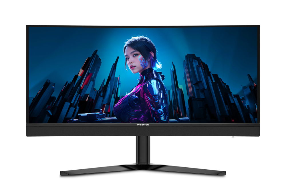 Predator X34 F1 ultrawide monitor shown with its complete display and stand